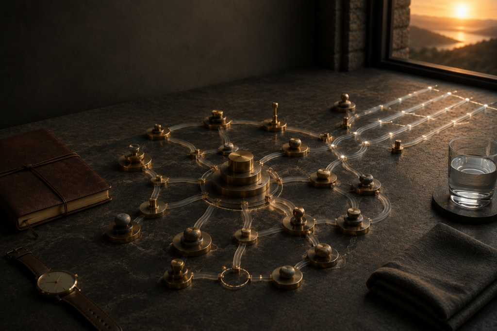 Authority Requires Governance Before It Expands Photorealistic editorial image of a frosted-glass and brass governance model on an executive table — a central authority marker surrounded by ownership, decision, accountability, and review checkpoints, with a wider path opening beyond them.