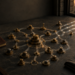 Authority Requires Governance Before It Expands Photorealistic editorial image of a frosted-glass and brass governance model on an executive table — a central authority marker surrounded by ownership, decision, accountability, and review checkpoints, with a wider path opening beyond them.