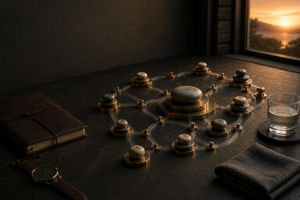 A Mature Man Carries Authority Under God Photorealistic editorial still life of a quiet masculine stone worktable at dawn with a leather journal, simple timepiece, folded cloth, water glass, and an abstract brass-and-stone governance model centered around a weighty authority marker.