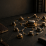 Photorealistic editorial still life of a quiet masculine stone worktable at dawn with a leather journal, simple timepiece, folded cloth, water glass, and an abstract brass-and-stone governance model centered around a weighty authority marker.