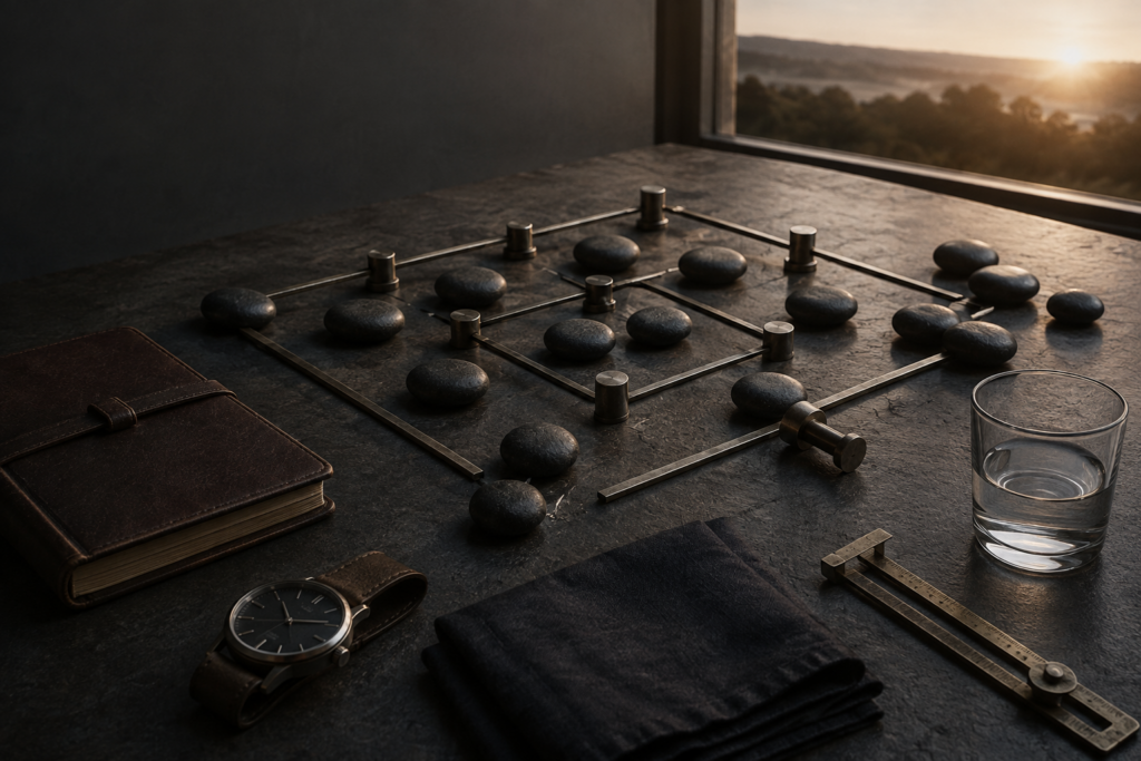Why Opposition Often Begins After a Man Gets His Life in Order Ordered dark stones and aged-steel rails on a dawn worktable, with displaced markers, a leather journal, watch, cloth, and water.