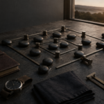 Ordered dark stones and aged-steel rails on a dawn worktable, with displaced markers, a leather journal, watch, cloth, and water.