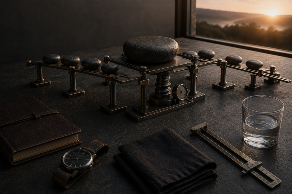 Pressure Reveals What Your Order Was Depending On Dark stones and aged-metal rails rest on an elevated platform of several supports; one heavily loaded post visibly bears more weight than the rest.