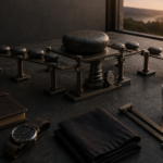 Dark stones and aged-metal rails rest on an elevated platform of several supports; one heavily loaded post visibly bears more weight than the rest.
