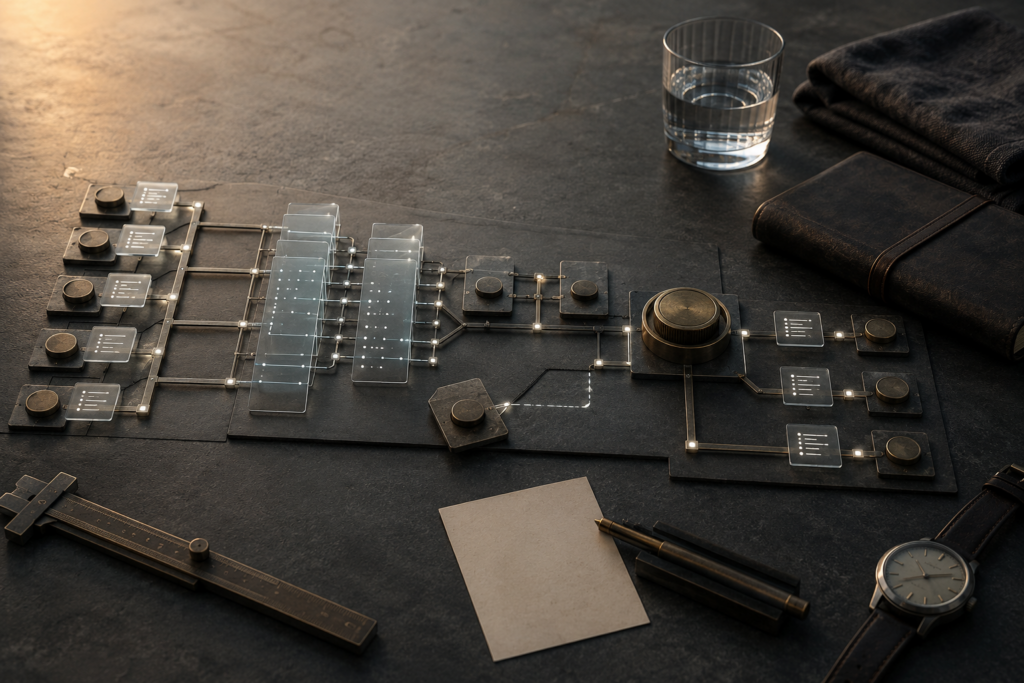 AI Needs a Human Owner Dark metal workflow lanes and translucent processing markers converge on one anchored bronze ownership station at center.