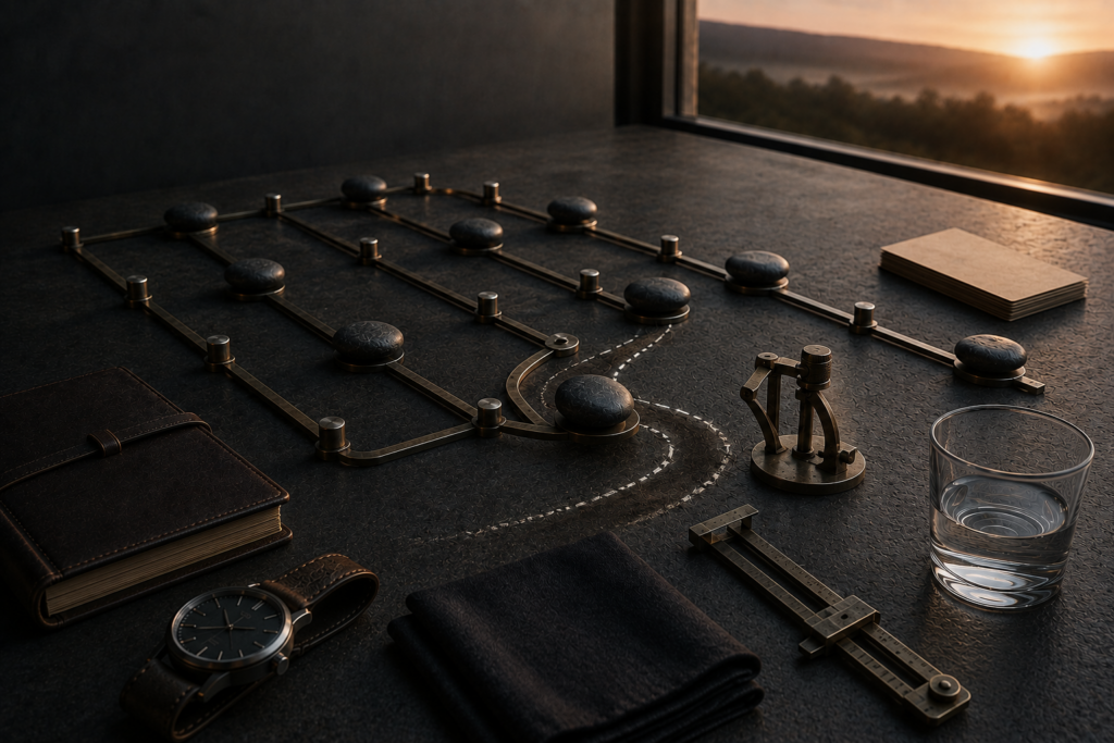 The Disorder You Still Negotiate With Is Still Governing You A dark stone leaves an ordered metal pathway along a worn side route before reconnecting with the structured formation.