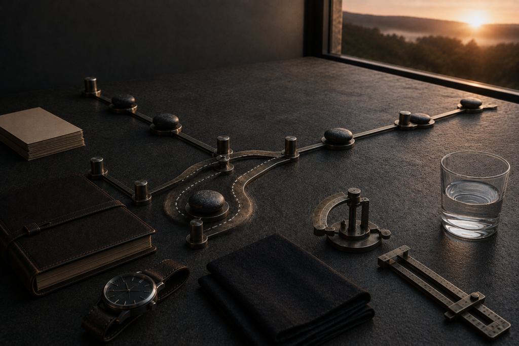 The Exception You Keep Making for Yourself Is the Real Rule A dark stone approaches a worn side route bypassing one checkpoint before reconnecting to an ordered aged-steel pathway at dawn.
