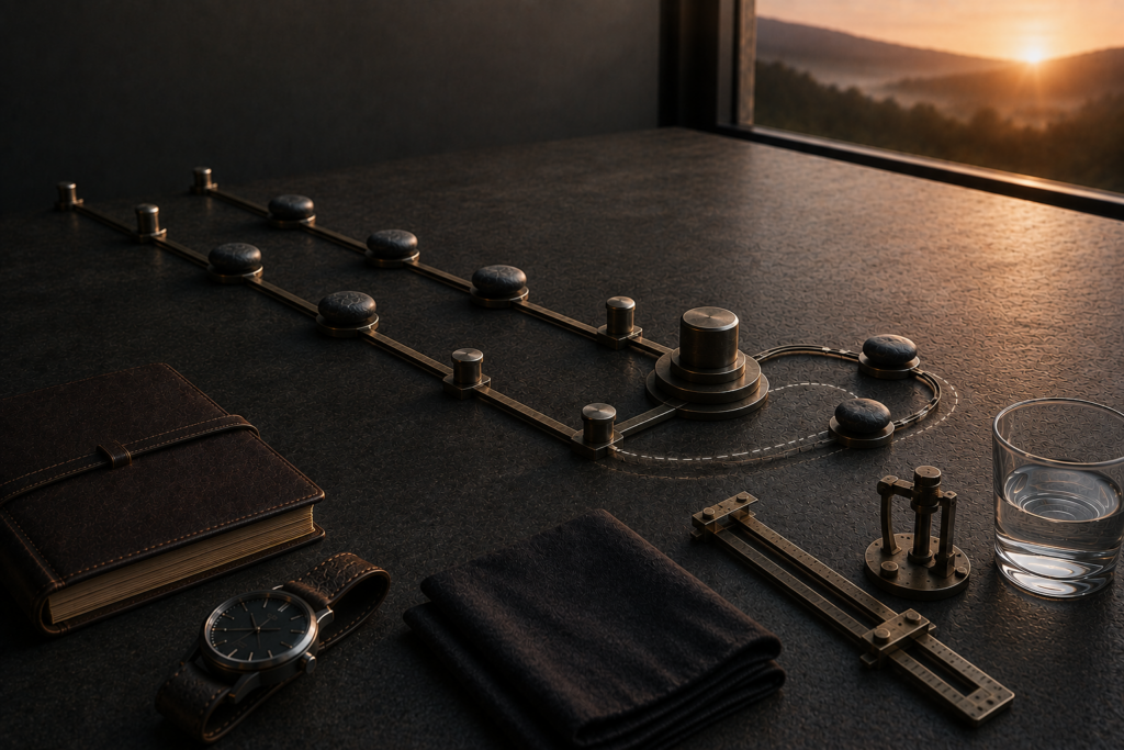 A Standard You Do Not Live Cannot Govern the Team A larger dark metal marker leaves an ordered rail while two smaller markers behind it begin following the same curved deviation.