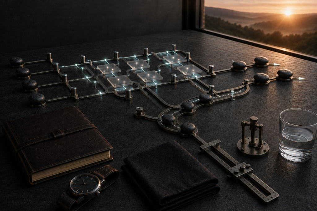 AI Will Follow the Exception You Forgot to Govern Automated metal guide rails route several dark markers through the same side path while translucent processing panels remain aligned.