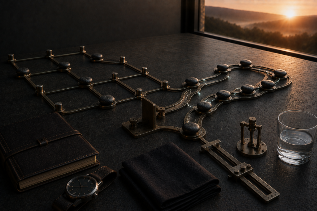The Workaround You Keep Allowing Is Becoming the System Two parallel metal pathways cross a dark stone worktable at dawn; several markers now favor a reinforced side route over the original formal path