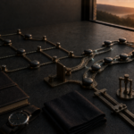 Two parallel metal pathways cross a dark stone worktable at dawn; several markers now favor a reinforced side route over the original formal path