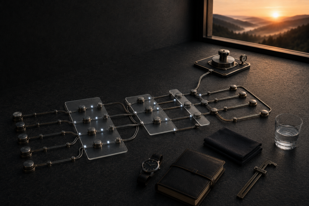 AI Should Escalate Uncertainty, Not Hide It Most dark markers follow an automated rail while one ambiguous marker is redirected from translucent processing panels to a review station.