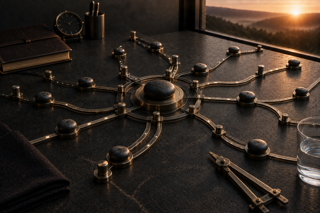 Unshaken: Why You Don't Have to Win Every Argument A heavy central marker remains aligned within dark metal guides while several smaller markers follow different paths around it.