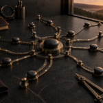 A heavy central marker remains aligned within dark metal guides while several smaller markers follow different paths around it.