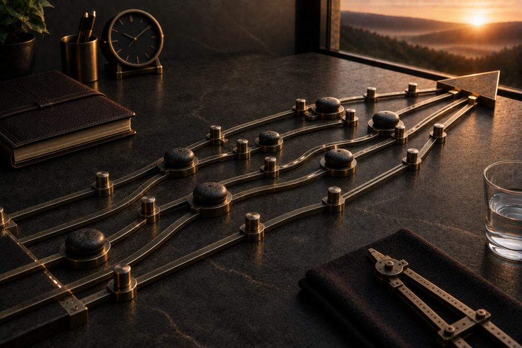 Your Team Does Not Need to Agree With You to Move Forward Several dark markers move forward on parallel metal guide paths, maintaining different positions while sharing one direction