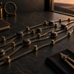 Several dark markers move forward on parallel metal guide paths, maintaining different positions while sharing one direction