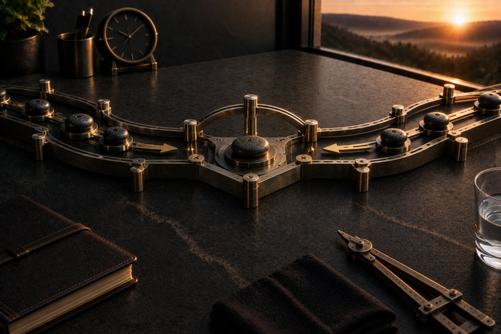 A Mature System Can Hold Tension Without Forcing Resolution Two opposing dark marker paths remain contained within a stable metal framework designed to hold both directions without collapse.