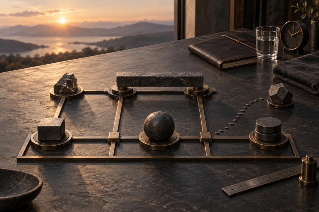 Responsibility Begins Where Excuses End Dark markers occupy defined metal stations with separate weighted pieces, including one load shared across two aligned supports.